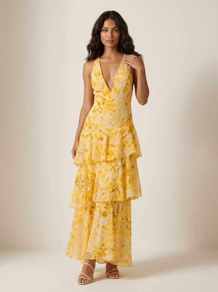 Mouwloze maxi jurk met gelaagde rok - Mila