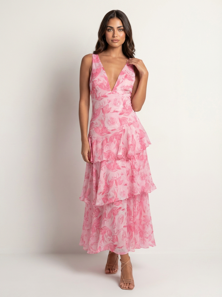 Mouwloze maxi jurk met gelaagde rok - Mila