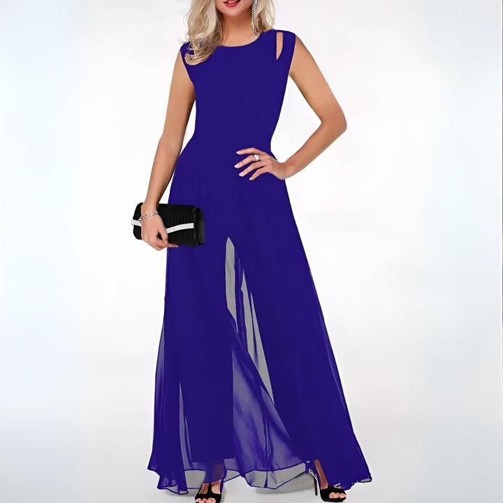 Mouwloze elegante jumpsuit met wijde pijpen en flowy overlay