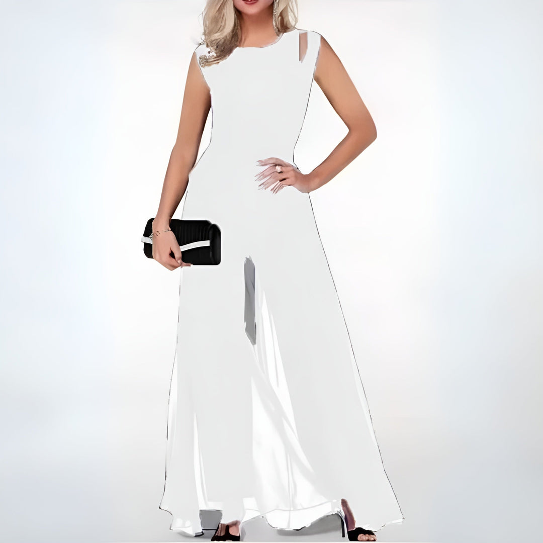 Mouwloze elegante jumpsuit met wijde pijpen en flowy overlay