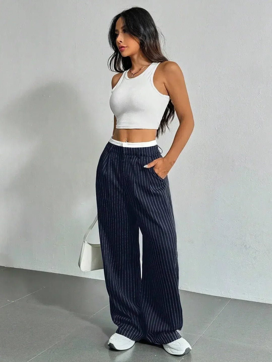 Pinstripe high waist pantalon met wijde pijpen – Emily