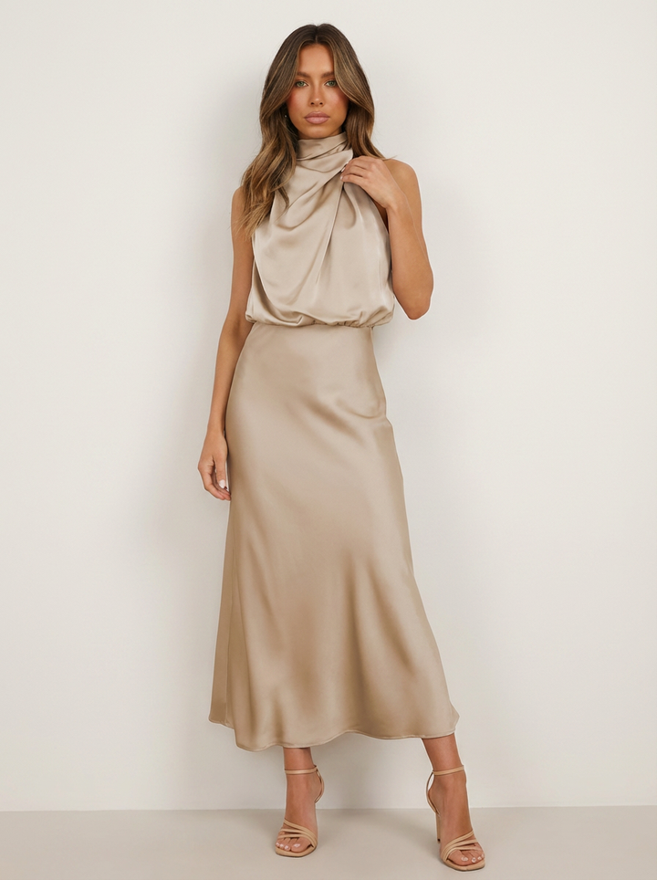 Satijnen halter midi jurk - Elara