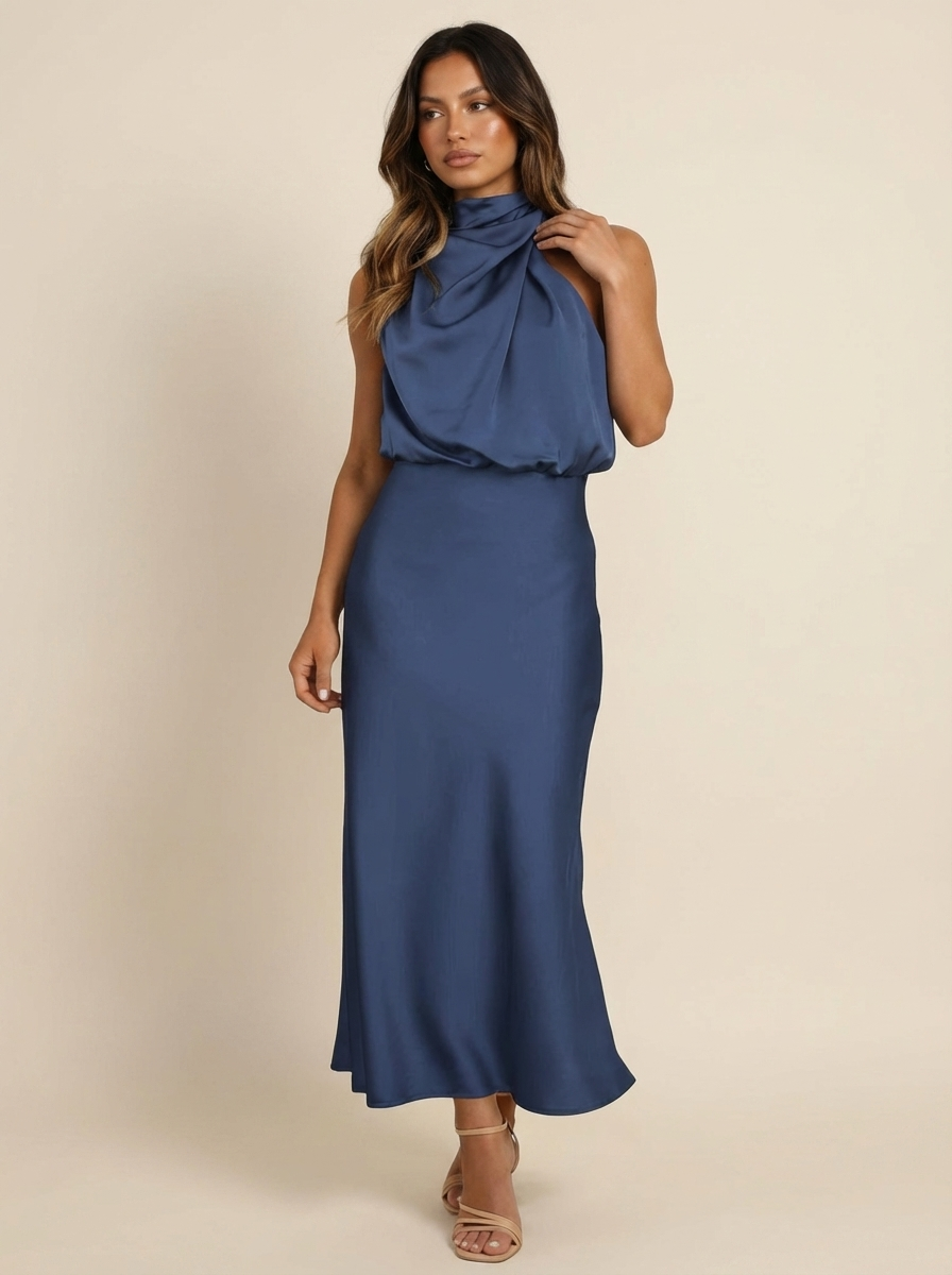 Satijnen halter midi jurk - Elara