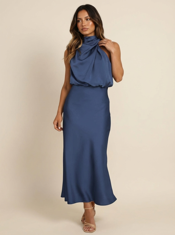 Satijnen halter midi jurk - Elara