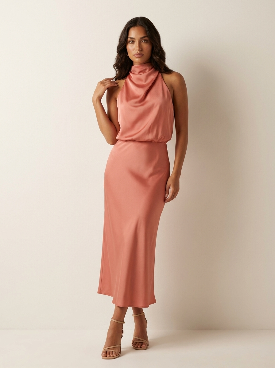 Satijnen halter midi jurk - Elara