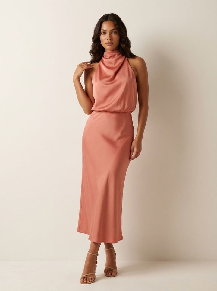 Satijnen halter midi jurk - Elara