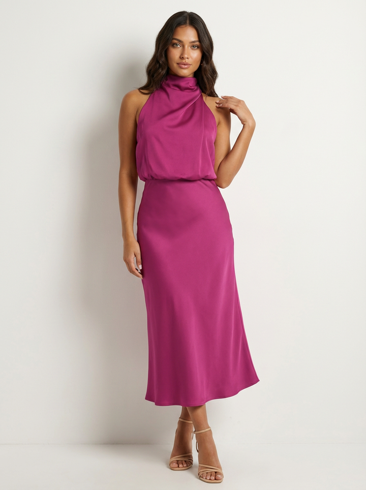 Satijnen halter midi jurk - Elara