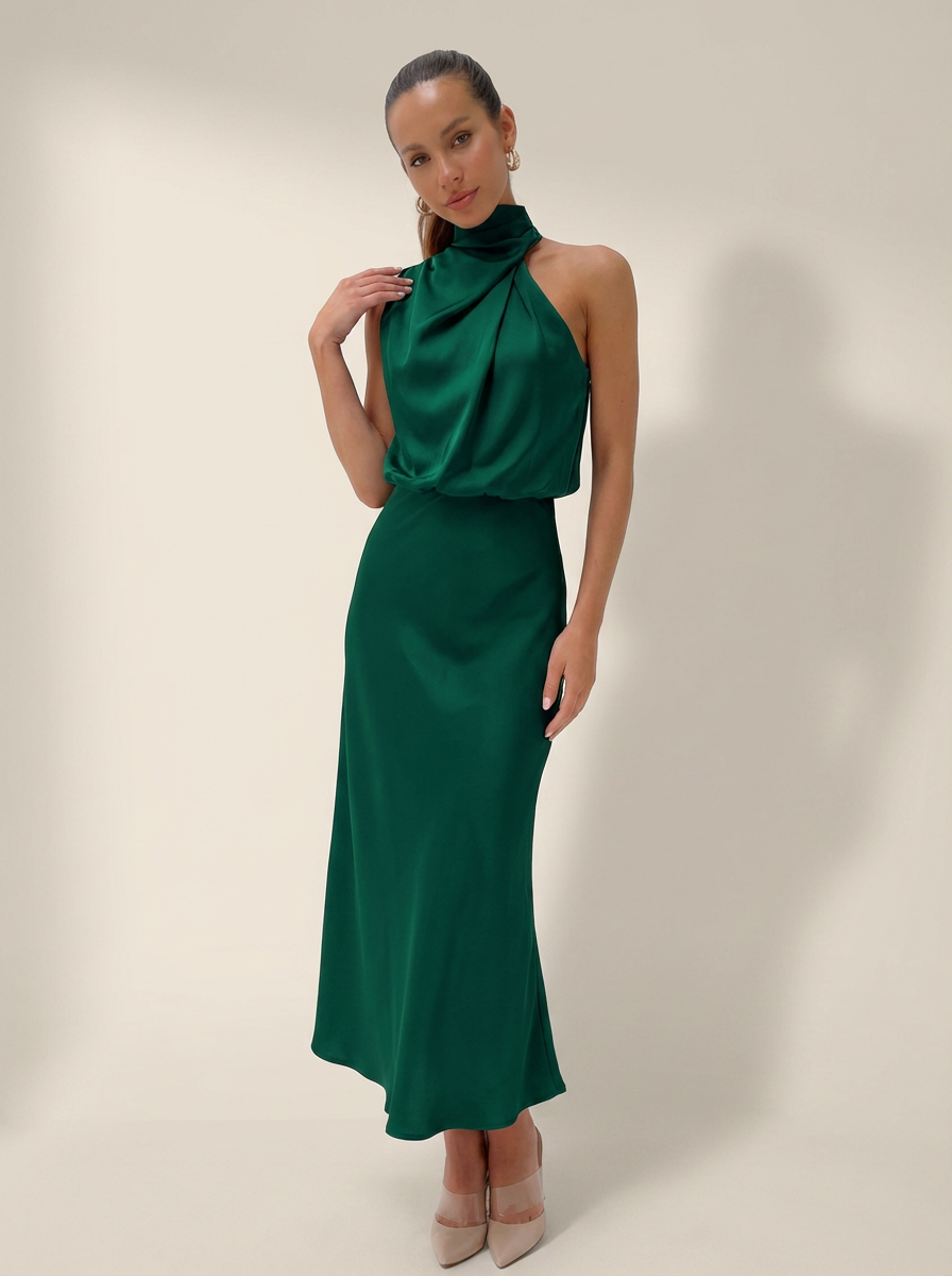 Satijnen halter midi jurk - Elara