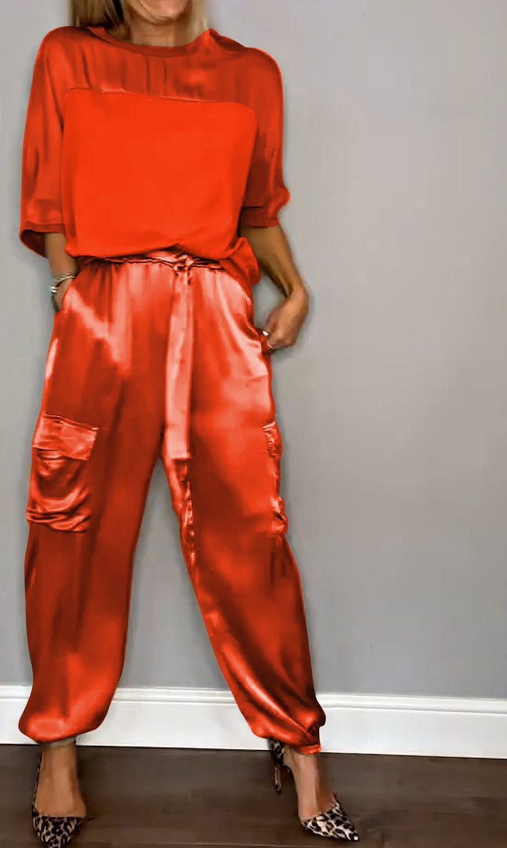 Satijnen dames set met cargobroek en loose top – Inge