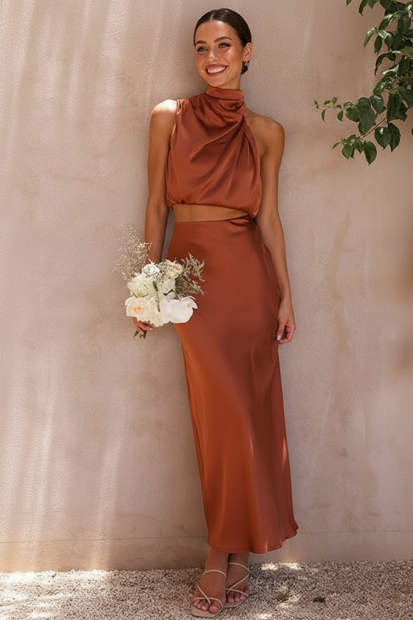 Satijnen haltertop en maxi rok set – Elira