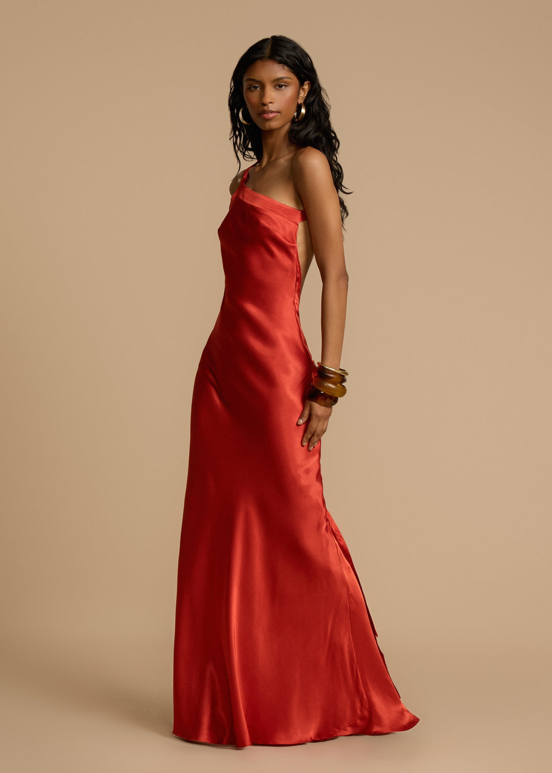 Satijnen one shoulder maxi jurk dames – Valérie