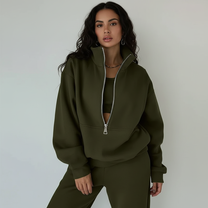 Sportieve dames set met half-zip trui en comfortabele broek