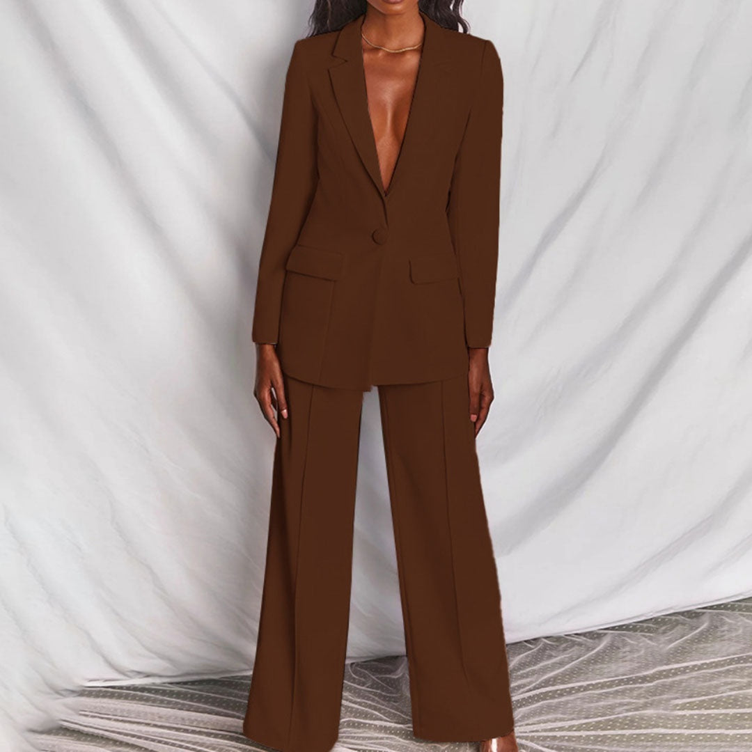 Stijlvol damespak met blazer en wide leg broek – Amélie