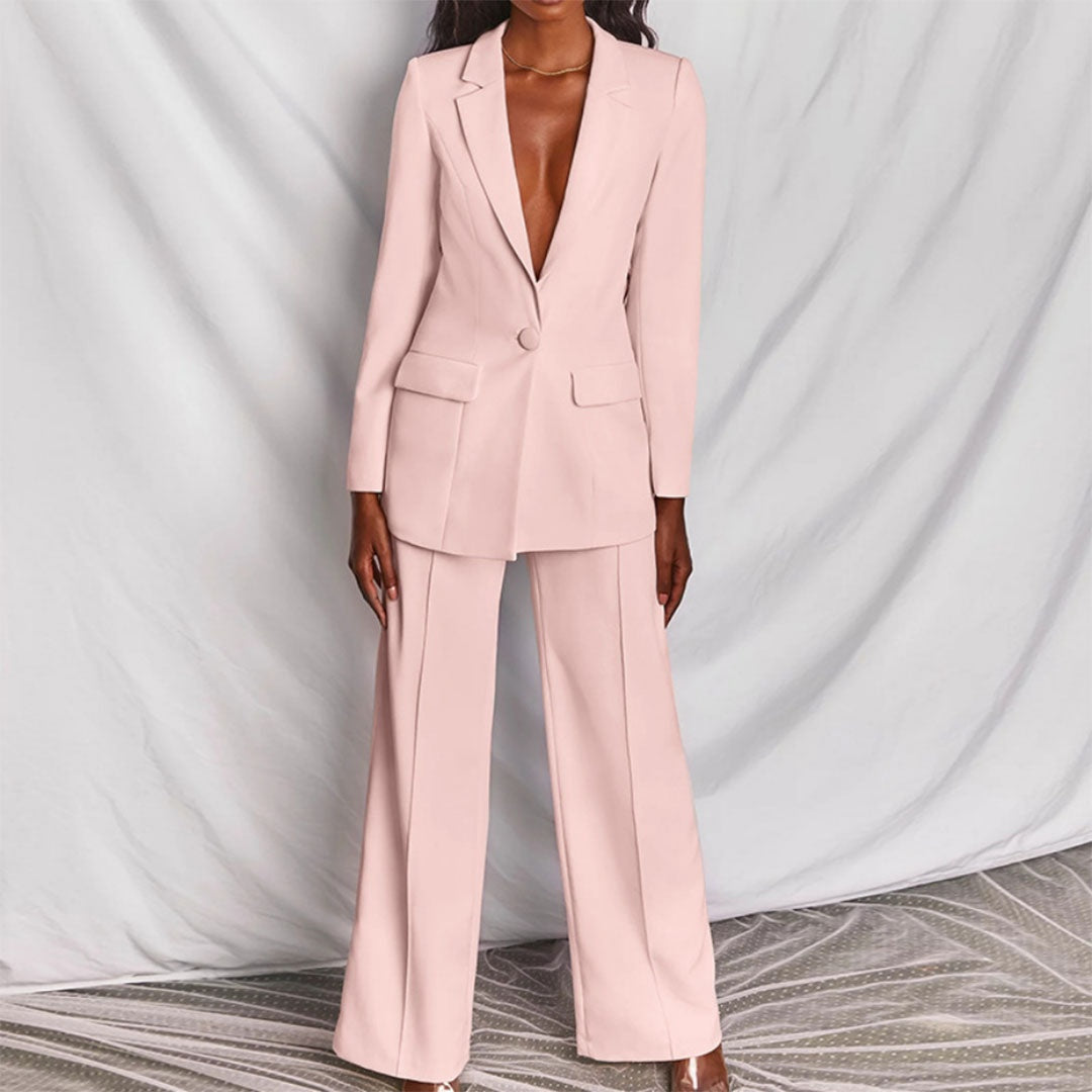 Stijlvol damespak met blazer en wide leg broek – Amélie
