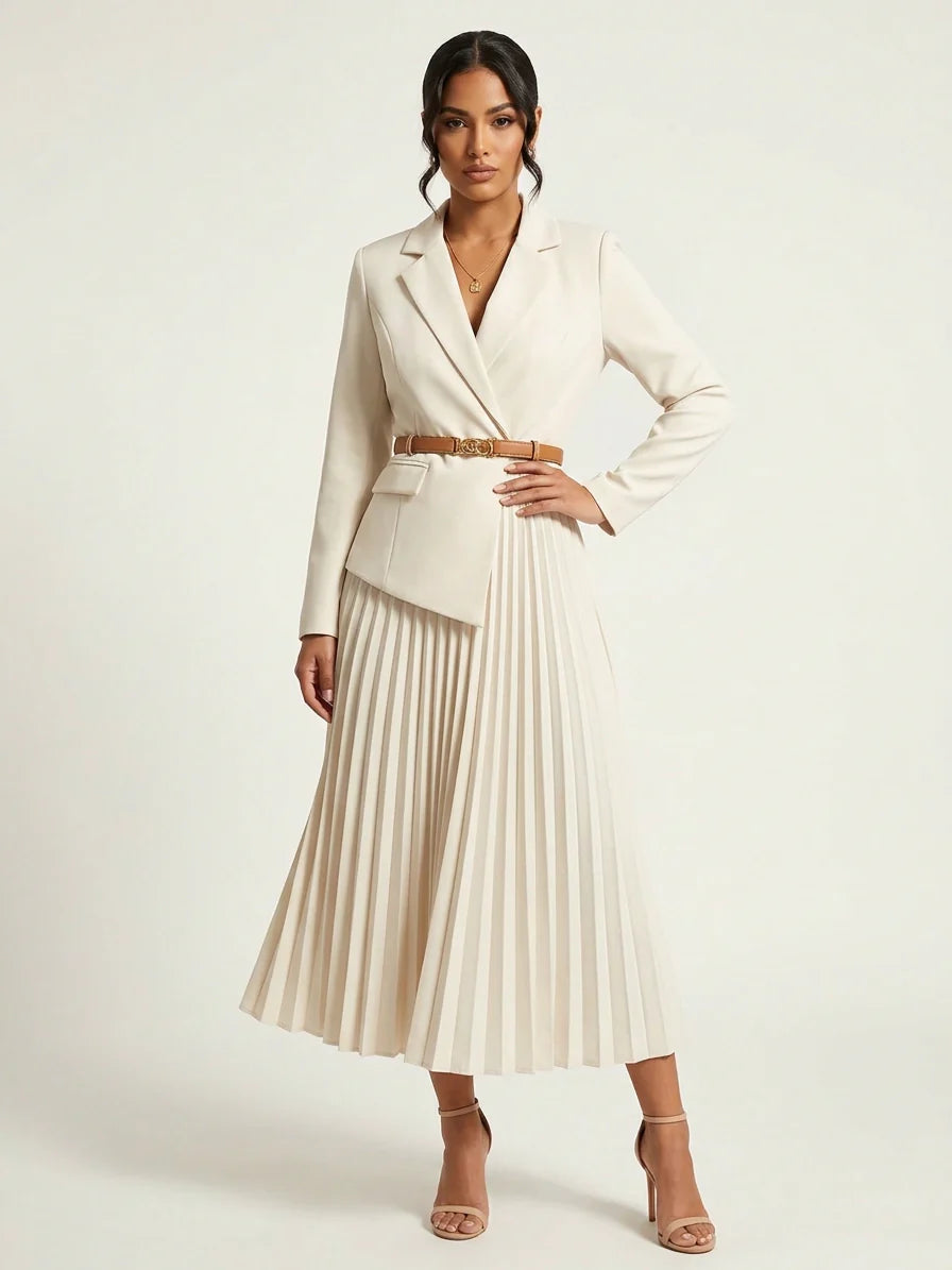 Stijlvolle midi jurk met geplisseerde rok en elegante blazerlook