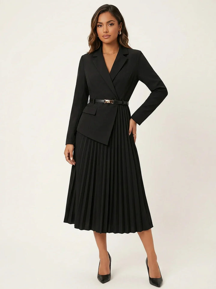 Stijlvolle midi jurk met geplisseerde rok en elegante blazerlook