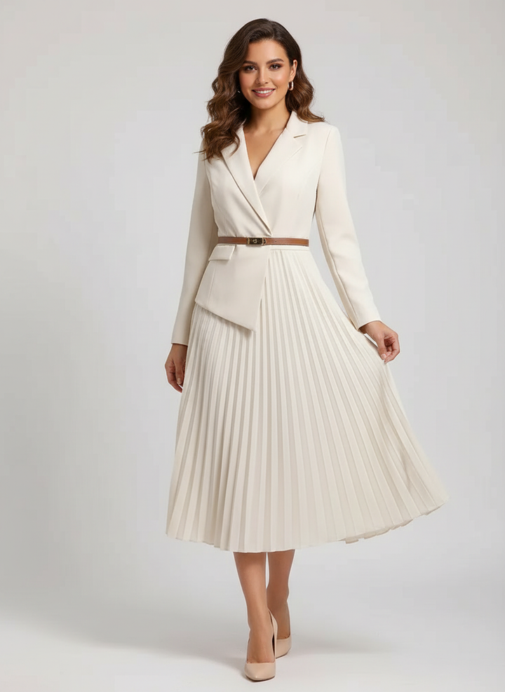 Stijlvolle midi jurk met geplisseerde rok en elegante blazerlook