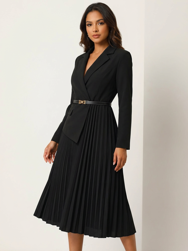 Stijlvolle midi jurk met geplisseerde rok en elegante blazerlook