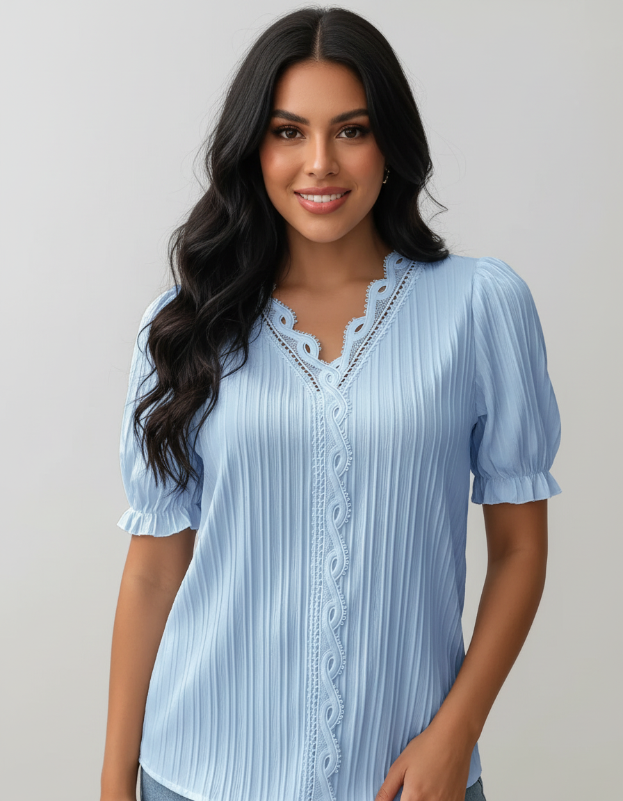 Tijdloze dames blouse met kanten V-hals – Elowen