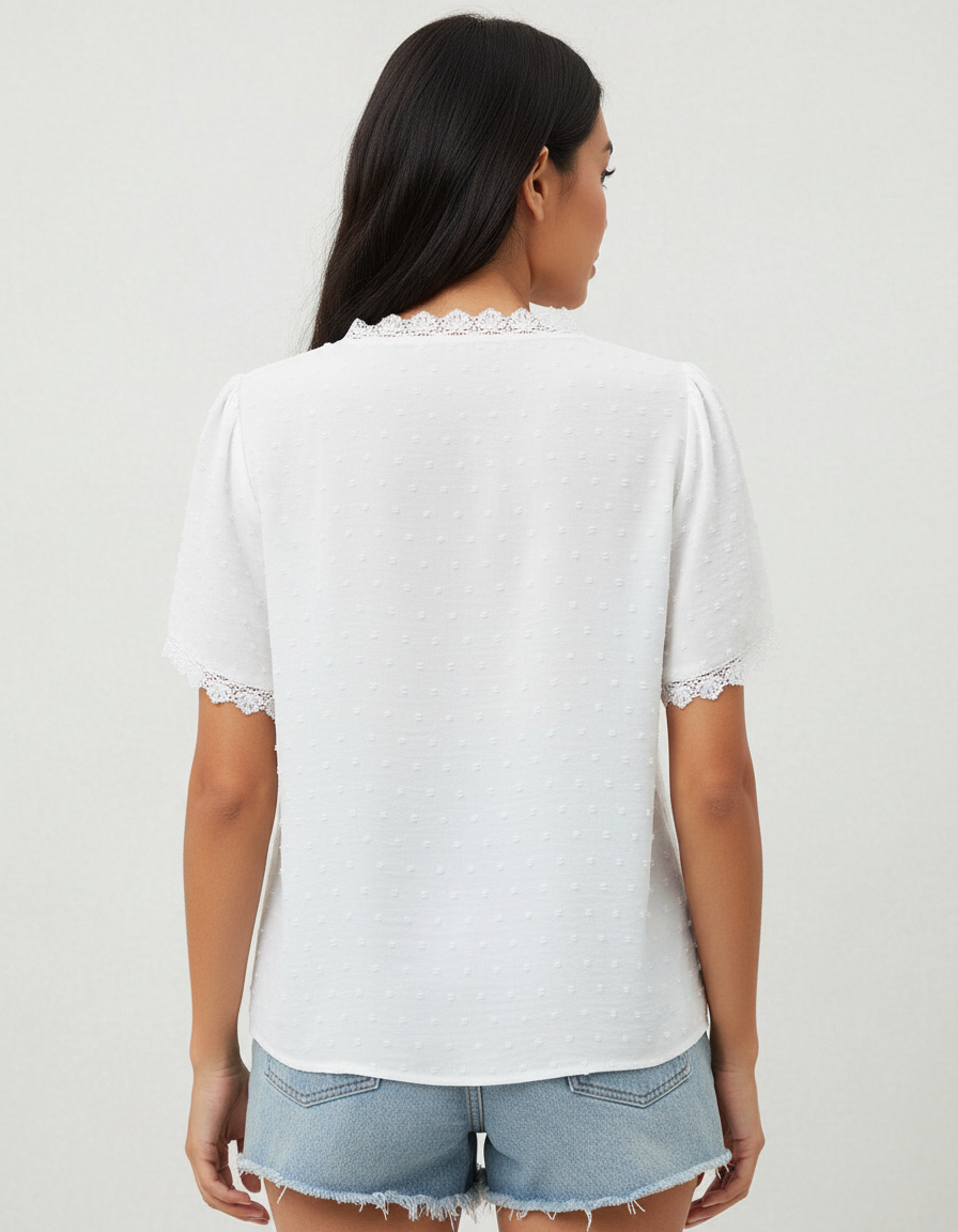 Witte dames blouse met kant en v-hals - Elin