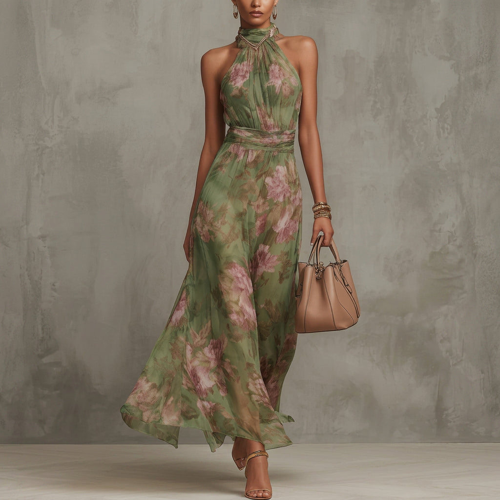 Filipa - Lange halterjurk met bloemenprint