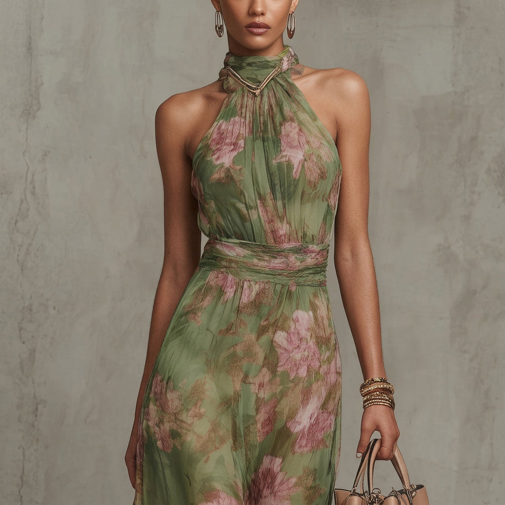 Filipa - Lange halterjurk met bloemenprint